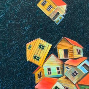 A symbolic architectural composition in which domestic forms become suspended between balance and collapse